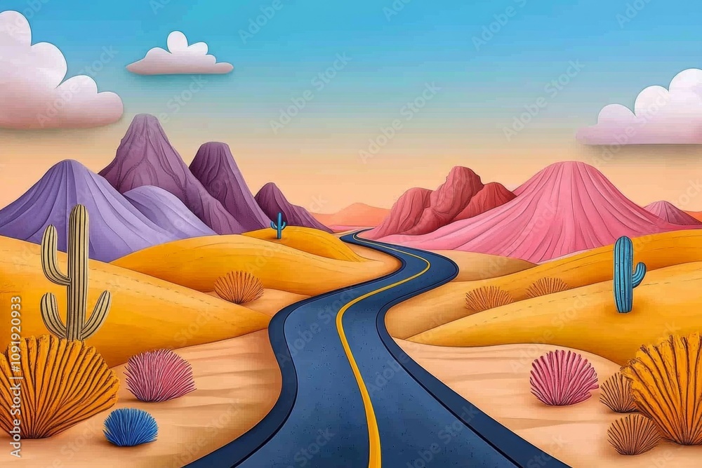 Poster Ahead road depicted in pixel art, stretching through a colorful 8-bit landscape with mountains and pixelated clouds