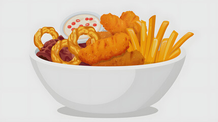 a commercial-style fryer filled with a variety of fried foods, including french fries, chicken nuggets, and onion rings with a white accent, flat design, png