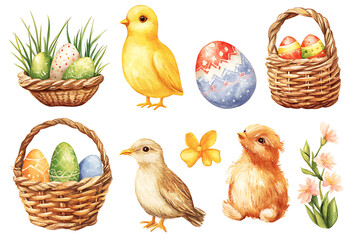 Watercolor easter icons set featuring baskets, chicks, and flowers