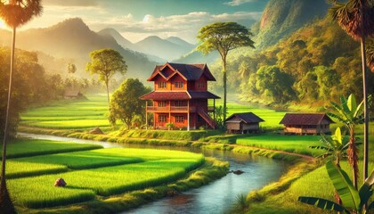 Serene Wooden House Amidst Lush Green Landscape
