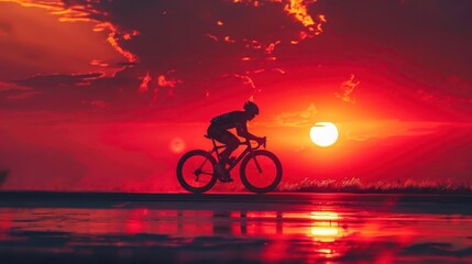 Fototapeta premium A cyclists silhouette racing against a backdrop of a blazing red and orange sunset