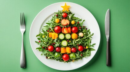 Creative Christmas Tree Salad Arrangement Featuring Fresh Greens, Colorful Vegetables, and Festive Presentation for Holiday Celebrations and Healthy Eating