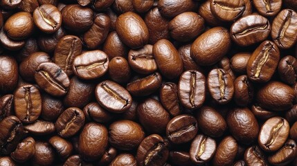 Fototapeta premium Close-Up View of Rich Brown Coffee Beans on a Wooden Surface Ideal for Coffee Lovers and Beverage Artistry Enthusiasts in Stock Photography