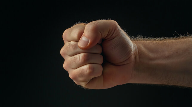 Male hand showing clenched fist on black background