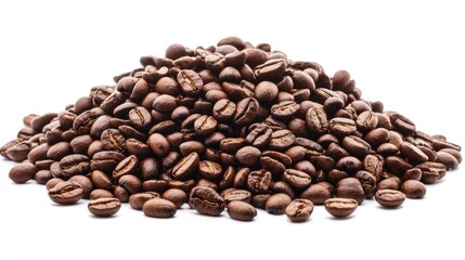 Obraz premium A Close-Up View of Freshly Roasted Coffee Beans Piled on a White Background Highlighting Their Rich Texture and Natural Color Variation for Coffee Lovers and Enthusiasts