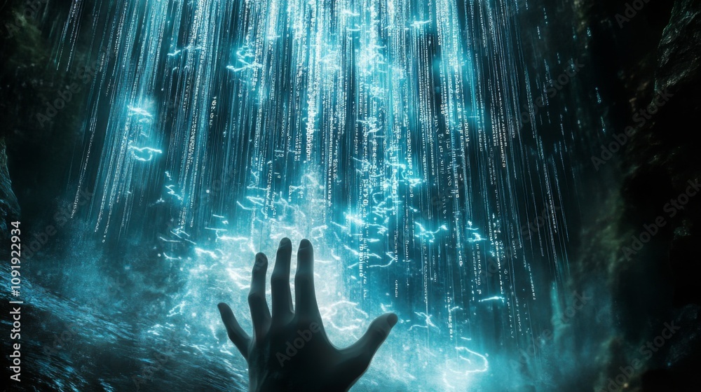 Poster a hand extends toward a mesmerizing waterfall of glowing blue digital streams flowing from above in 