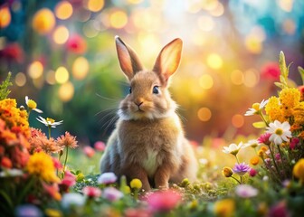 Adorable Cute Rabbit in a Beautiful Garden with Bokeh Effect, Perfect for Nature Lovers and Animal Enthusiasts, Showcasing Soft Fur and Playful Expression in a Dreamy Atmosphere
