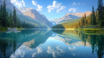 Fototapeta premium Serene mountain lake reflecting sky and peaks.