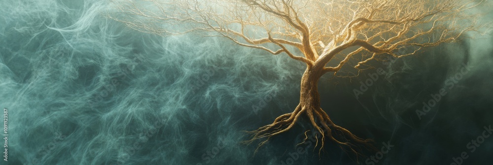 Poster a tree of life emerges with elaborate branches and roots amid a serene, mystical backdrop, represent