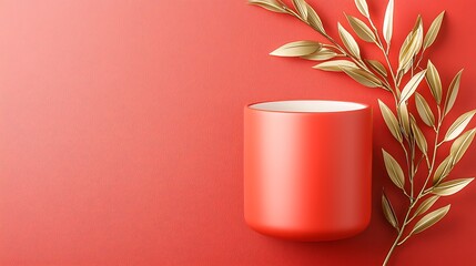 Fototapeta premium Trendy red pot with gold leaf home decor minimalist style indoor aesthetic concept