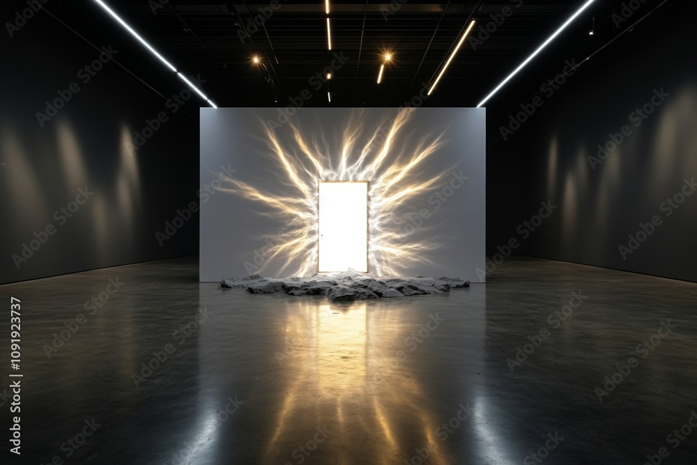 Aufkleber ajar door as an abstract shape with light beams emerging into an empty, colorless space