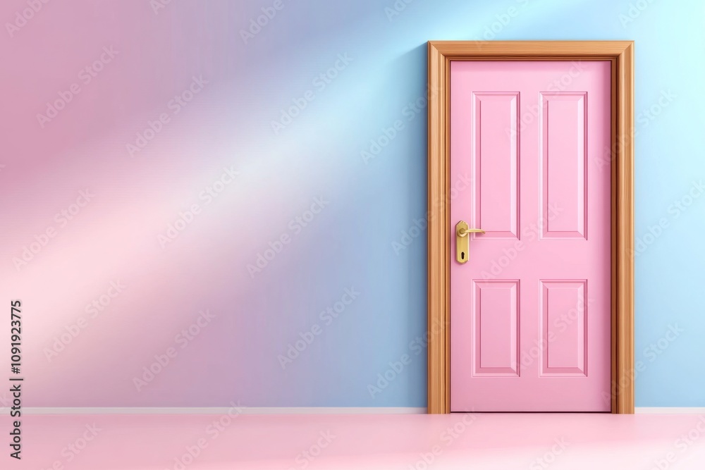 Poster Ajar door drawn in minimalist geometry, a rectangle ajar with light rays in a gradient background