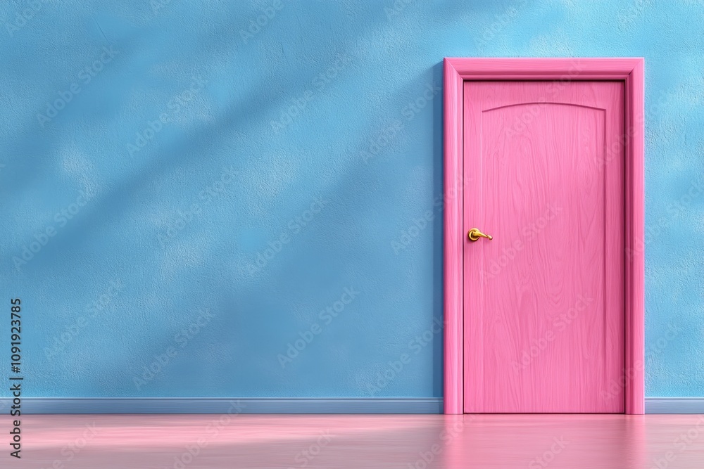Poster Ajar door drawn in minimalist geometry, a rectangle ajar with light rays in a gradient background