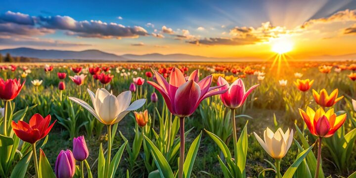 Wild steppe tulips Tulipa Biflora blooming on a meadow during a sunny evening panoramic view