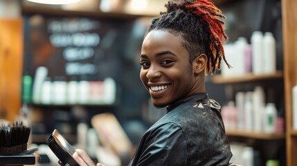 Smiling hairdresser using digital tablet in salon