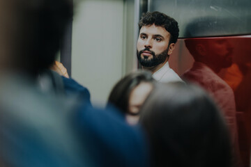 A thoughtful man stands in a busy elevator surrounded by people, with his reflection seen on the...