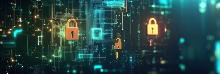 Fototapeta premium An intricate design showcases padlocks and keys on a vibrant digital backdrop, representing security and access in a technological world. Generative AI
