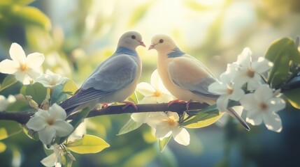 Obraz premium Two Doves Perched on a Branch with Flowers