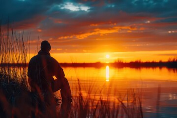 A fishermans silhouette at sunset, with a calm, golden lake behind