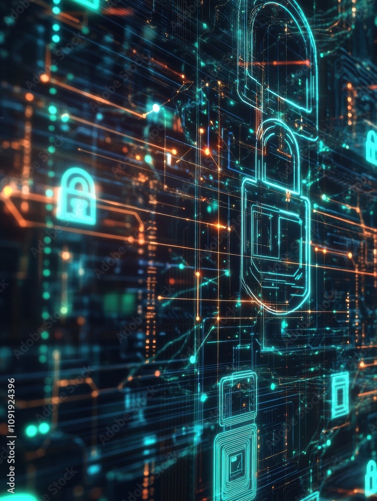 Aufkleber An abstract design features glowing padlocks and keys weaving through a digital landscape, symbolizing security and data protection. Generative AI