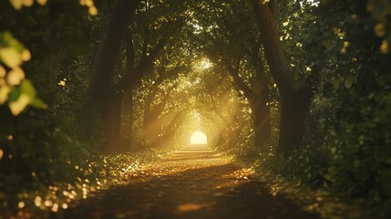 Obraz premium Sunlit path through lush green tunnel of trees.