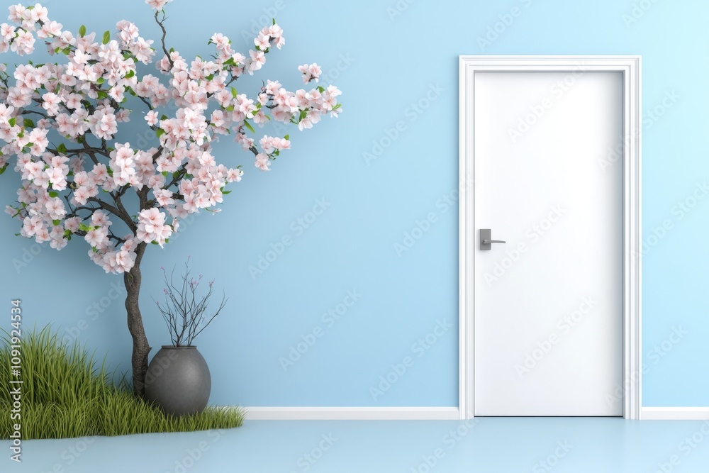 Poster ajar door in minimalist style, a clean, white frame slightly open against a plain background
