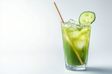 Refreshing Green Drink with Cucumber Garnish in Glass with Straw on Light Background Perfect for Summer Thirst Quenchers and Healthy Lifestyle Promotions