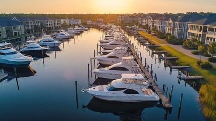 Sunrise over luxury yachts docked at a marina.