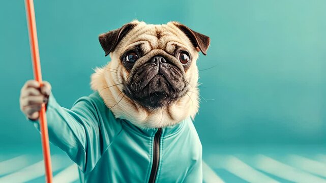 A quirky pug wearing a blue outfit and holding a stick