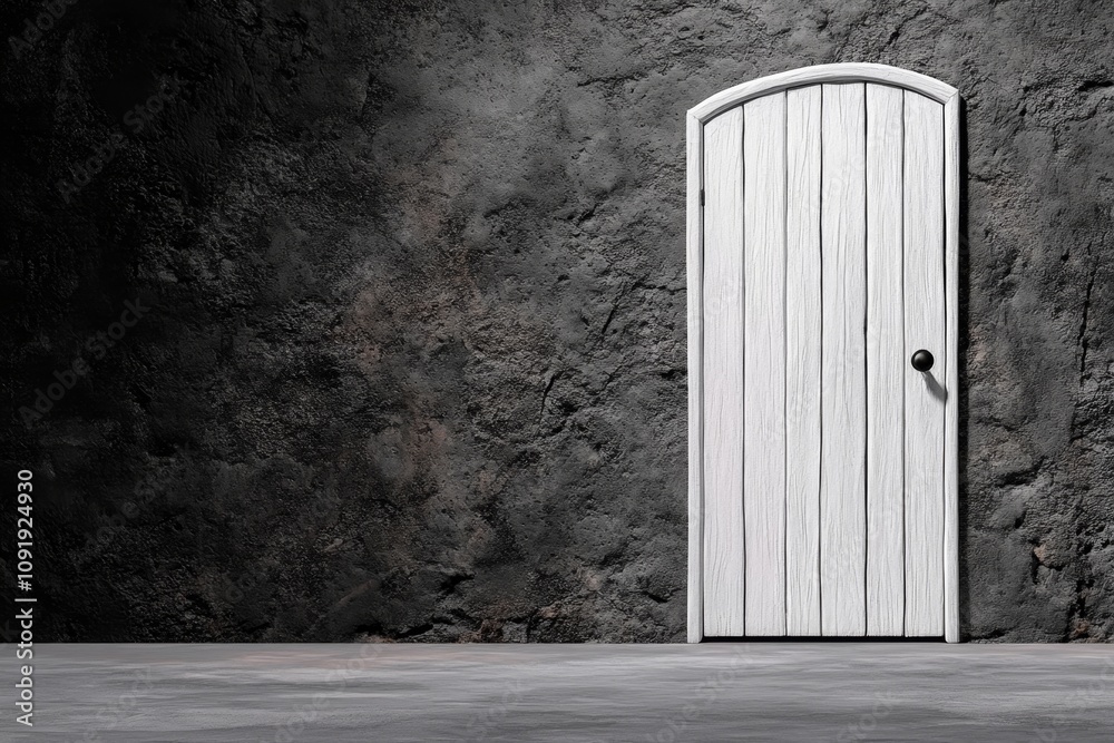 Poster ajar door with simple, bold lines showing light escaping into a dark, empty space
