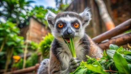 Obraz premium Adorable Ringtailed Lemur Enjoying a Snack in Its Natural Urban Habitat with Lush Greenery and Playful Expressions Captured in Stunning Detail for Wildlife Enthusiasts