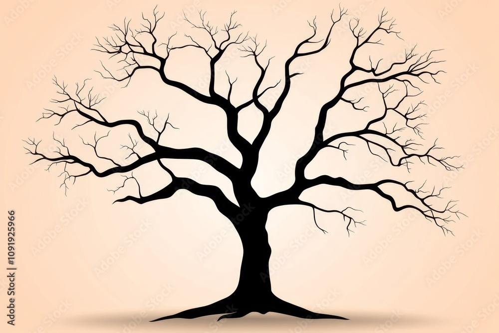 Aufkleber Minimalist depiction of an aging tree with sprawling branches, drawn in clean lines against a soft gradient background