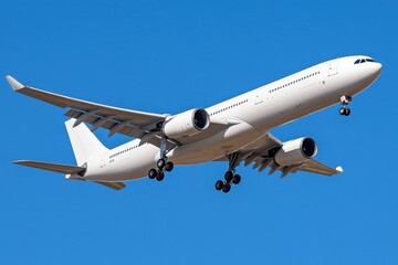 Obraz premium Minimalist airplane contrail crossing a clear blue sky, forming a bold white diagonal streak