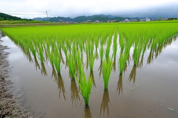 Rows of rice paddies reflecting the sky in a tranquil countryside setting