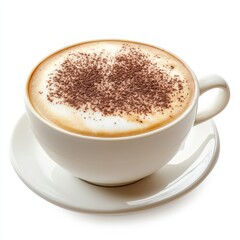A classic cappuccino with a thick layer of frothy milk and a dusting of cocoa powder, isolated white background, realism art style