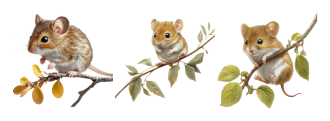 Illustrations of Mice on Branches with Leaves