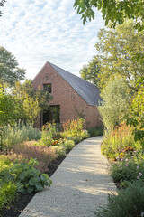 A red brick barn is located in an area surrounded by trees and plants, with stone paths leading to it from all sides. The garden around has various flowers and shrubs. There is a low wall at one end t