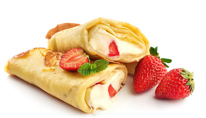 Blintz are delicate and thin Eastern European pan fried pancake crepe that are a beloved part of Jewish cuisine served with strawberry compote and cheese, isolated on white background with copy space