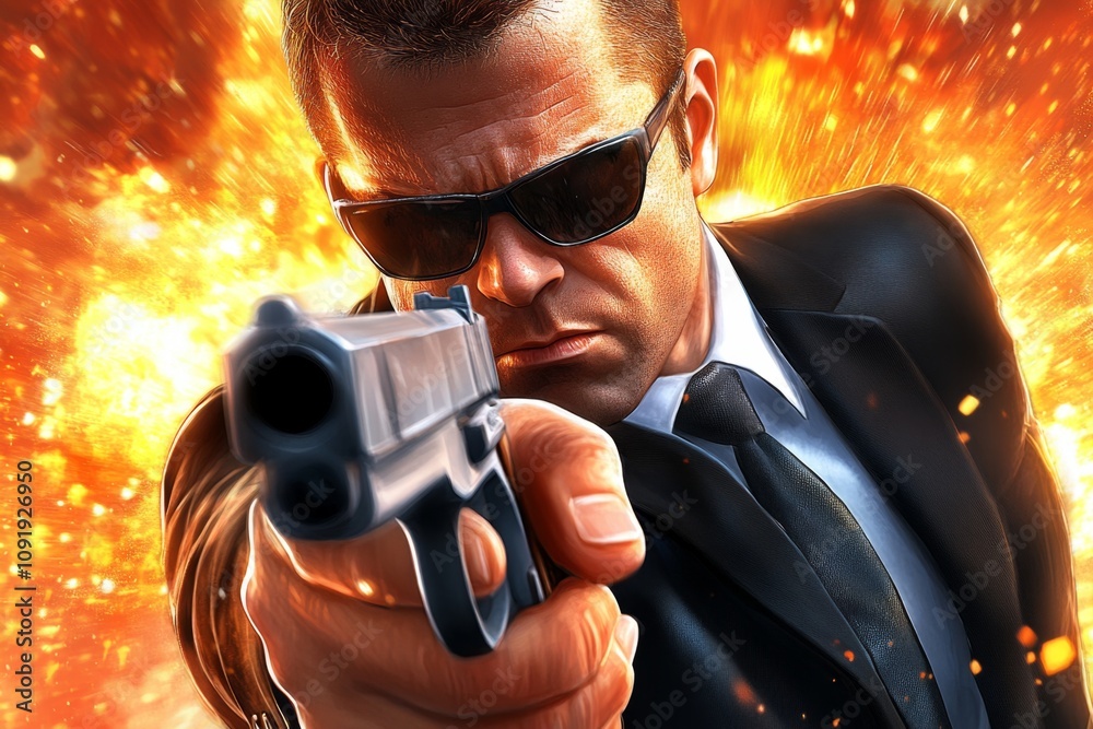 Poster secret agent face in hyper-realistic detail, showing intense focus and determination as they aim the