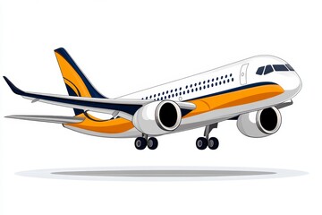 Fototapeta premium Simple 2D depiction of an aircraft taking off, with bold, colorful lines and a crisp white background