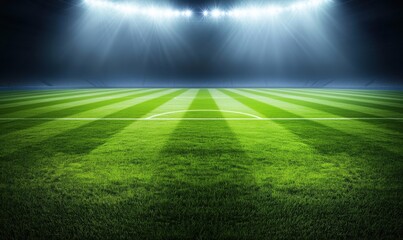 Obraz premium Illuminated soccer field with vibrant green grass, stadium lights, and marked goal area