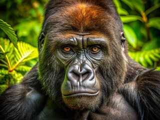 Obraz premium Aerial Close-Up of a Majestic Gorilla's Head and Arms Facing Down, Capturing the Intricate Details of Its Fur and Expression in a Natural Habitat Setting