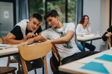 Fototapeta premium Two students collaborate at a desk in a modern classroom environment. They share a moment of teamwork and discussion while other students focus on their studies.
