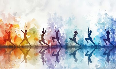 A series of yoga poses in silhouette, each against a backdrop of serene watercolor washes