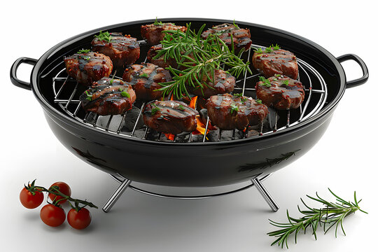 Meat on a Portable Barbecue Grill Stove BBQ Grill Kettle Isolated on a White Background for E-commerce, Food Blogs, Camping Gear, Outdoor Ads, Social Media, Recipes, Product Catalogs