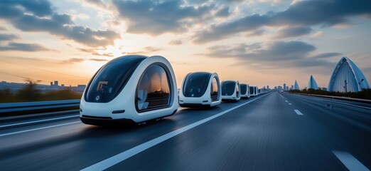 Obraz premium Futuristic autonomous pods on highway, sleek design, sunset backdrop, urban skyline