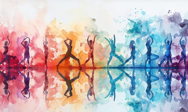 A series of yoga poses in silhouette, each against a backdrop of serene watercolor washes