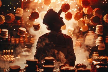A silhouette of a baker in a kitchen, with a whimsical background of floating pastries and sweets