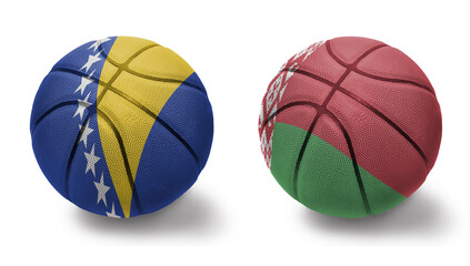 basketball balls with the national flags of belarus and bosnia and herzegovina on the white...
