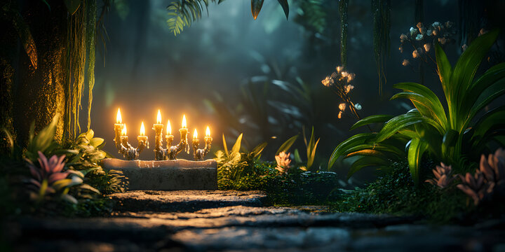 Menor&aacute; com velas acesas e dreidels azuis